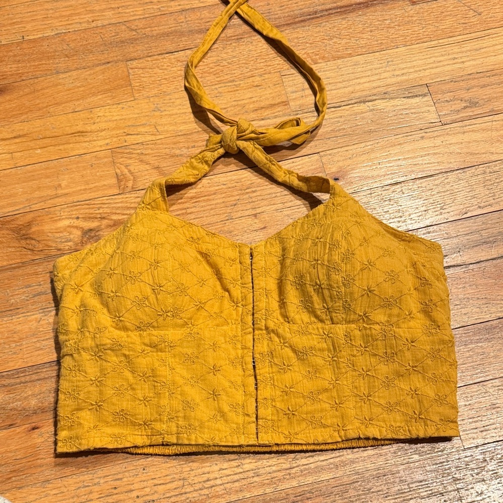 Yellow halter tank with floral embroidery